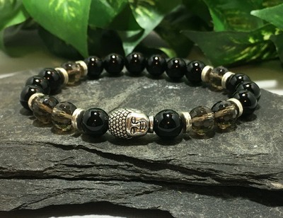 Smokey Quartz & Black Agate Stretch Bracelet with Silver Buddha – Protection, Calm & Inner Strength