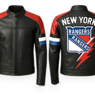  crafted leather men’s designer black red with blue white stripe leather jacket motorcycle