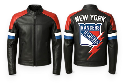 Crafted Leather Men’s Designer Black Red with Blue White Stripe Leather Jacket Motorcycle