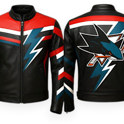 Crafted leather men’s designer black red with blue white stripe leather jacket motorcycle - Thumbnail 2
