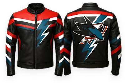 Crafted Leather Men’s Designer Black Red with Blue White Stripe Leather Jacket Motorcycle