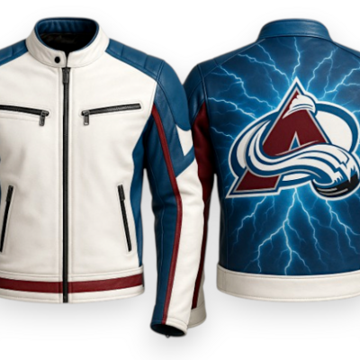 Crafted leather men designer blue white red leather jacket motorcycle - Thumbnail 3