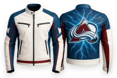 Crafted Leather Men Designer Blue White Red Leather Jacket Motorcycle