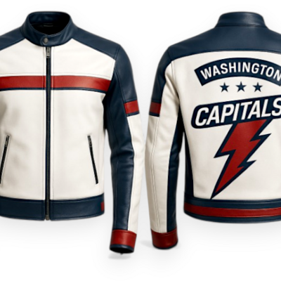 Crafted leather men blue white leather with red stripe biker jacket motorcycle