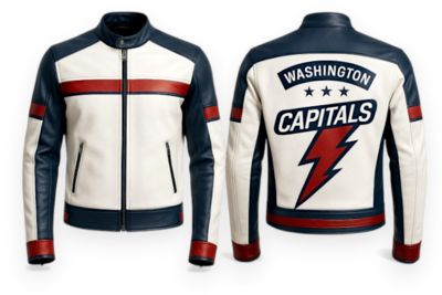 Crafted Leather Men Blue White Leather with Red Stripe Biker Jacket Motorcycle