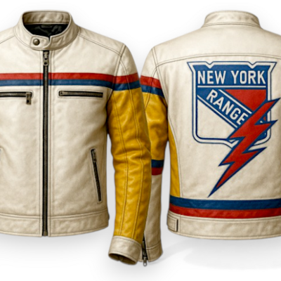 Crafted leather men designer white yellow leather with blue red stripe jacket motorcycle - Thumbnail 3