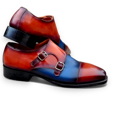 Crafted leather mens brown blue calf leather monk strap dress shoes