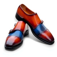 Crafted Leather Mens Brown Blue Calf Leather Monk Strap Dress Shoes - Thumbnail 1