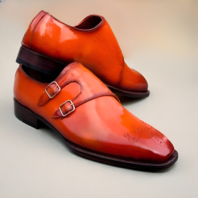 Crafted leather men’s orange patina leather monk strap dress shoes