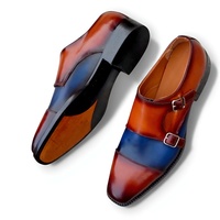 Crafted Leather Mens Brown Blue Calf Leather Monk Strap Dress Shoes - Thumbnail 3