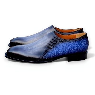 Crafted Leather Mens Gray Patina Blue Crocodile/Alligator Leather Side Laces Dress Shoes