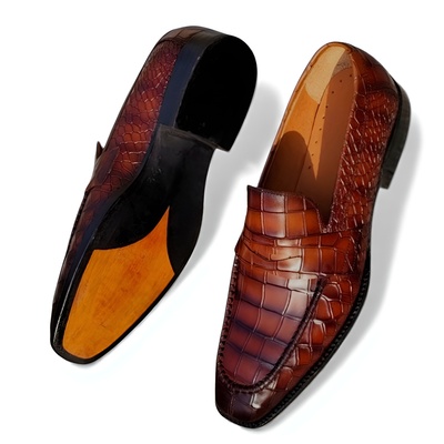 Crafted leather men’s brown crocodile leather moccasin loafers dress shoes