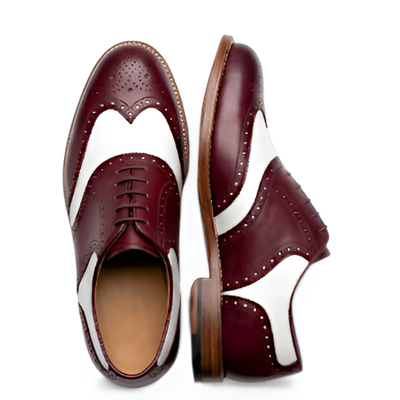 Crafted leather mens burgundy white leather wingtip oxford style saddle golf shoes