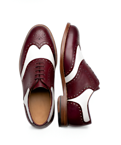 Crafted Leather Mens Burgundy White Leather Wingtip Oxford Style Saddle Golf Shoes