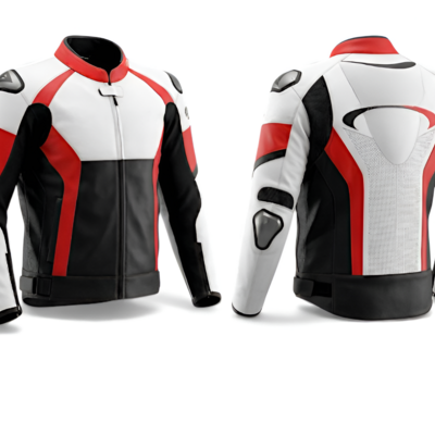 Crafted leather designer racing black white and red leather biker motorcycle jacket - Thumbnail 2