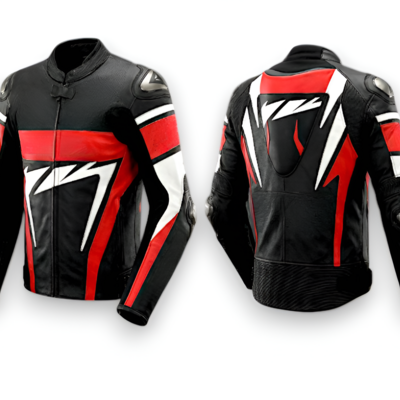 Crafted leather design red black white leather racing biker motorcycle jacket - Thumbnail 4