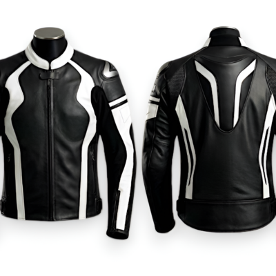 Crafted leather designer racing black white leather biker motorcycle jacket - Thumbnail 4