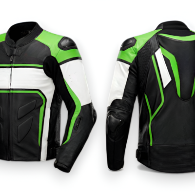 Crafted leather design green black white leather racing biker motorcycle jacket - Thumbnail 2