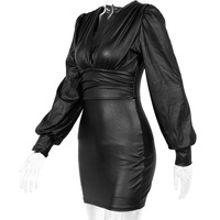 PU leather V-neck slim-fit sexy dress - Thumbnail 1