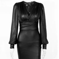 PU leather V-neck slim-fit sexy dress - Thumbnail 3