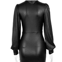 PU leather V-neck slim-fit sexy dress - Thumbnail 4