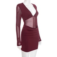 Sexy deep V-neck simple long-sleeved fitted waist mini dress - Thumbnail 3