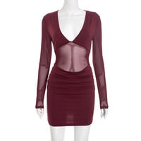 Sexy deep V-neck simple long-sleeved fitted waist mini dress - Thumbnail 5