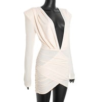 Solid color deep V-neck padded shoulder long sleeves ruched crossbody dress - Thumbnail 4