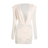 Solid color deep V-neck padded shoulder long sleeves ruched crossbody dress - Thumbnail 5