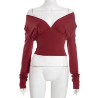 Sexy and stylish solid color V-neck off-shoulder long-sleeved fitted top - Thumbnail 1