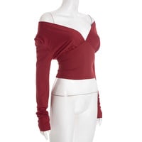 Sexy and stylish solid color V-neck off-shoulder long-sleeved fitted top - Thumbnail 3