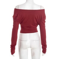 Sexy and stylish solid color V-neck off-shoulder long-sleeved fitted top - Thumbnail 5