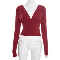 Sexy and stylish solid color V-neck off-shoulder long-sleeved fitted top - Thumbnail 6