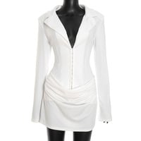 Solid color deep V-neck pleated mini waist dress - Thumbnail 1