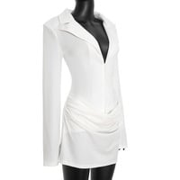 Solid color deep V-neck pleated mini waist dress - Thumbnail 3