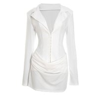 Solid color deep V-neck pleated mini waist dress - Thumbnail 5