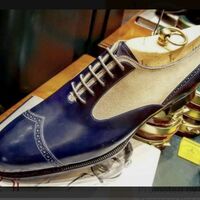 Navy Blue Decent Oxford Structure Handmade Lace Up Formal Shoes - Thumbnail 1