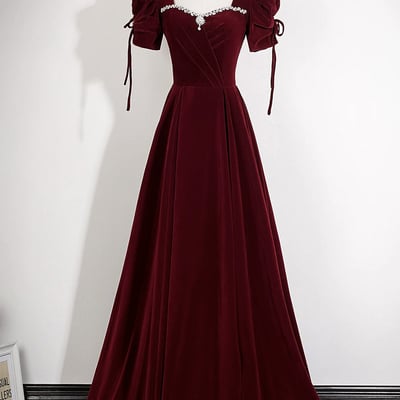 Burgundy velvet square neck evening gown