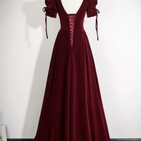 Burgundy Velvet Square Neck Evening Gown - Thumbnail 1