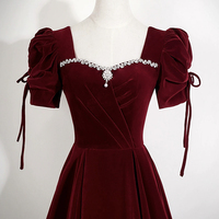 Burgundy Velvet Square Neck Evening Gown - Thumbnail 2