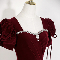 Burgundy Velvet Square Neck Evening Gown - Thumbnail 3