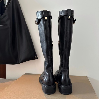 High-quality genuine leather knee-high boots with gold buckle