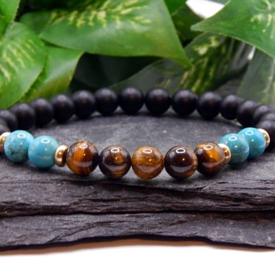 Tiger eye, turquoise & matte obsidian men’s bracelet – balance, strength & protection