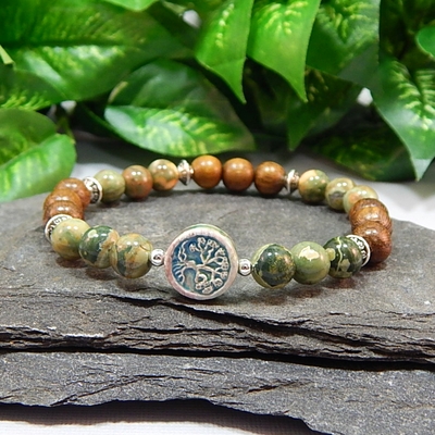 Rhyolite gemstone & robles wood bracelet with raku tree of life – harmony & renewal - Thumbnail 5