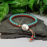 Turquoise & Red Goddess Bracelet – Handmade Jewelry with Silver Buffalo Nickel Button - Thumbnail 1