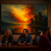 Twilight Voyage Fiery Sunset and Calm Lake with Sailboats - Thumbnail 2