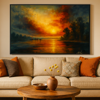 Twilight Voyage Fiery Sunset and Calm Lake with Sailboats - Thumbnail 4