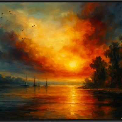 Twilight voyage fiery sunset and calm lake with sailboats