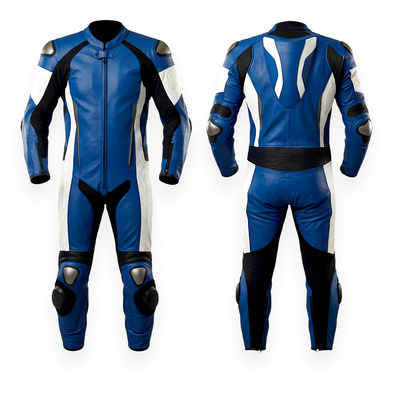 Crafted leather design blue white and black leather motorcycle suit custom biker suit, ce certified - Thumbnail 1