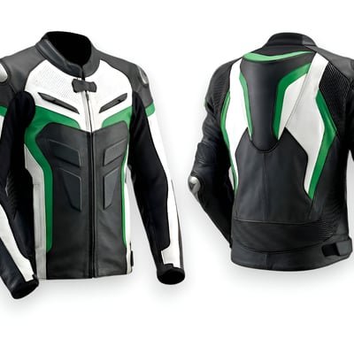 Crafted leather design green black white leather racing biker motorcycle jacket - Thumbnail 2